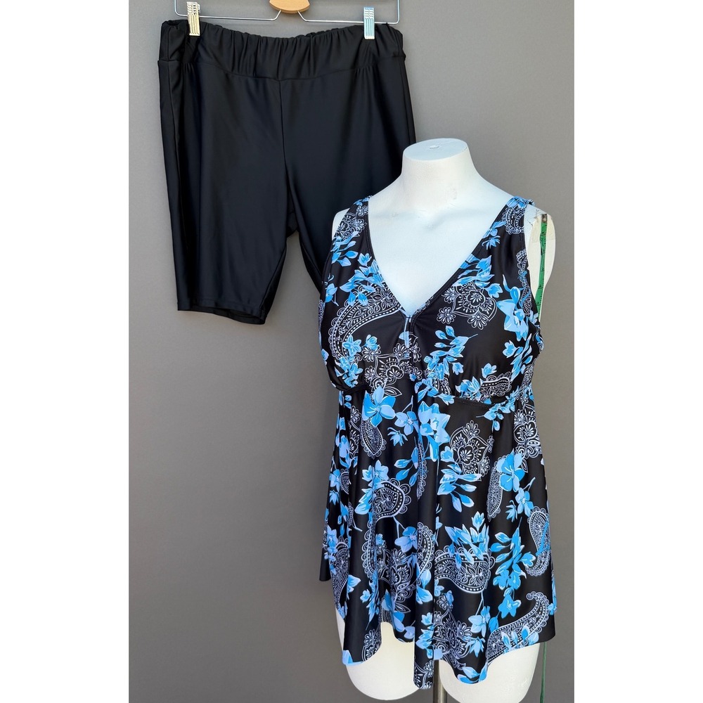Floral Paisley Tankini Swimsuit Set 18W Black Blue Modest Swim Dress Bike Shorts - Picture 12 of 13